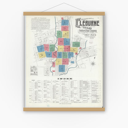 Old map wall art mockup — magnetic wood frame on white wall — Sanborn Fire Insurance Map from Cleburne, Johnson County, Texas (1904), Sheet #0001