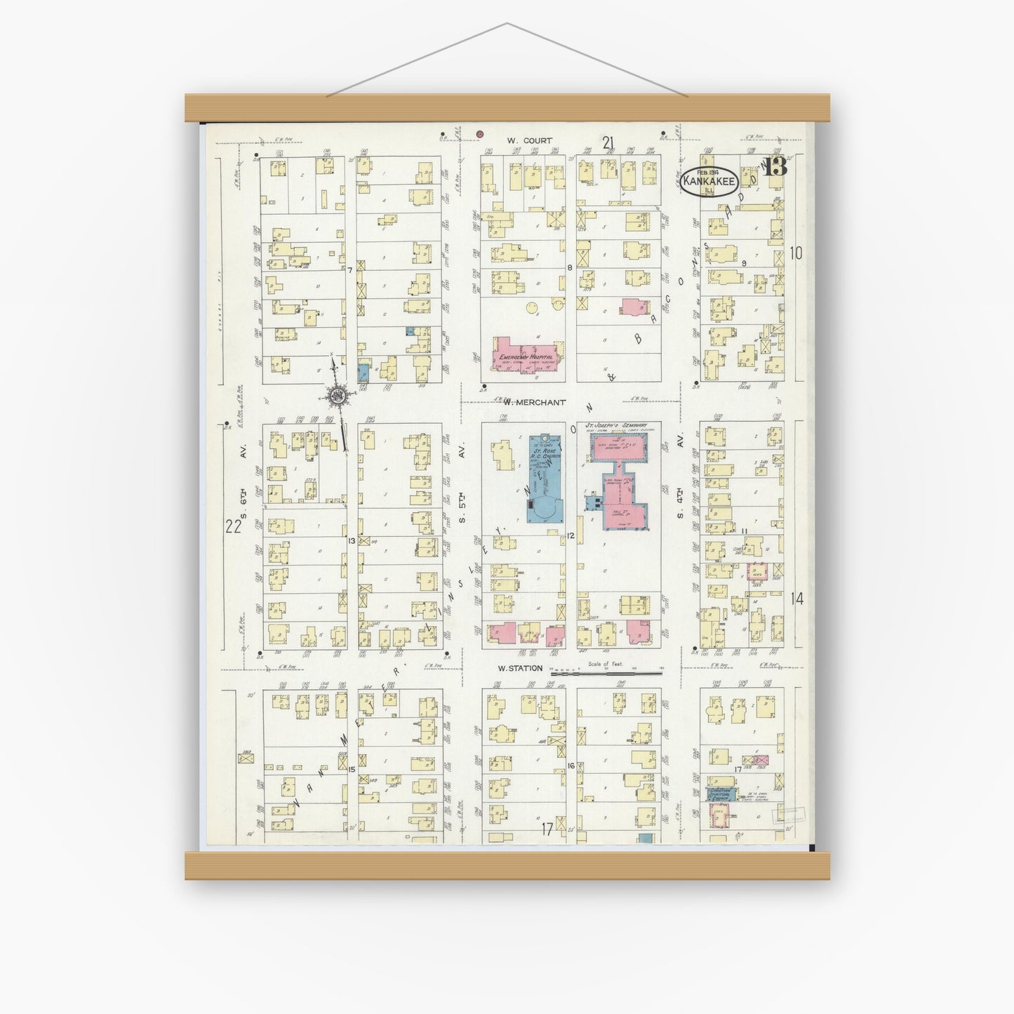 Old map wall art mockup — magnetic wood frame on white wall — Sanborn Fire Insurance Map from Kankakee, Kankakee County, Illinois (1914), Sheet #0013