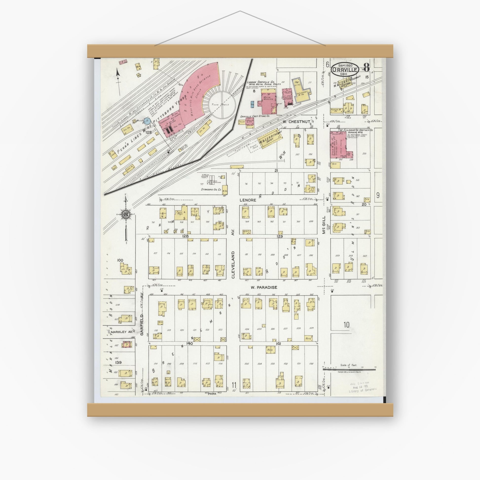 Old map wall art mockup — magnetic wood frame on white wall — Sanborn Fire Insurance Map from Orrville, Wayne County, Ohio (1920), Sheet #0008