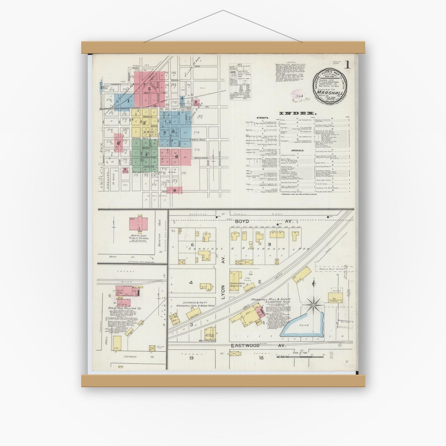 Old map wall art mockup — magnetic wood frame on white wall — Sanborn Fire Insurance Map from Marshall, Saline County, Missouri (1894), Sheet #0001