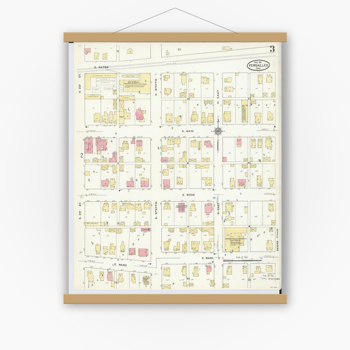 Old map wall art mockup — magnetic wood frame on white wall — Sanborn Fire Insurance Map from Versailles, Darke County, Ohio (1911), Sheet #0003