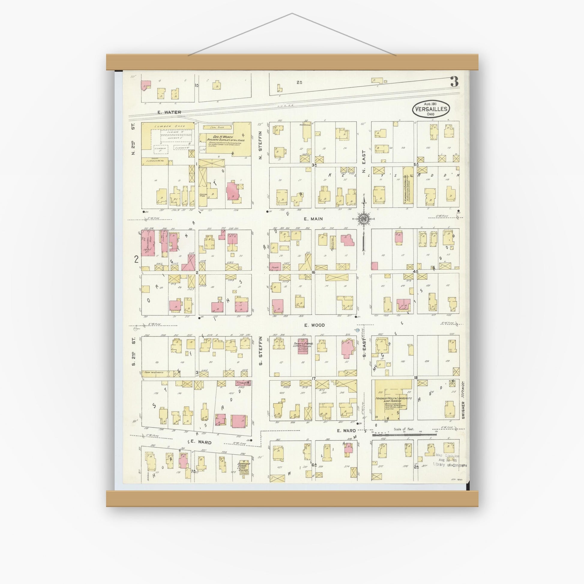 Old map wall art mockup — magnetic wood frame on white wall — Sanborn Fire Insurance Map from Versailles, Darke County, Ohio (1911), Sheet #0003