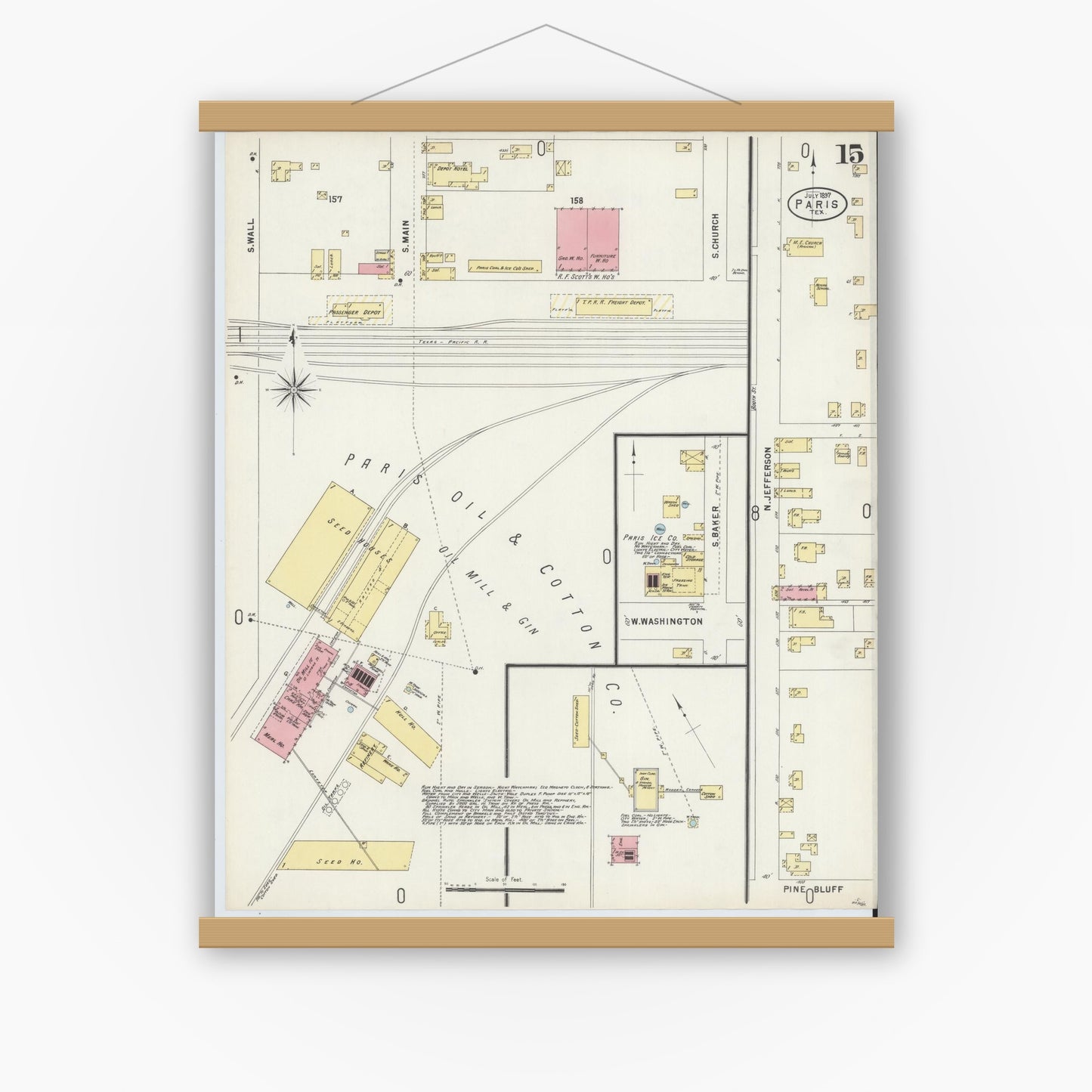 Old map wall art mockup — magnetic wood frame on white wall — Sanborn Fire Insurance Map from Paris, Lamar County, Texas (1897), Sheet #0015