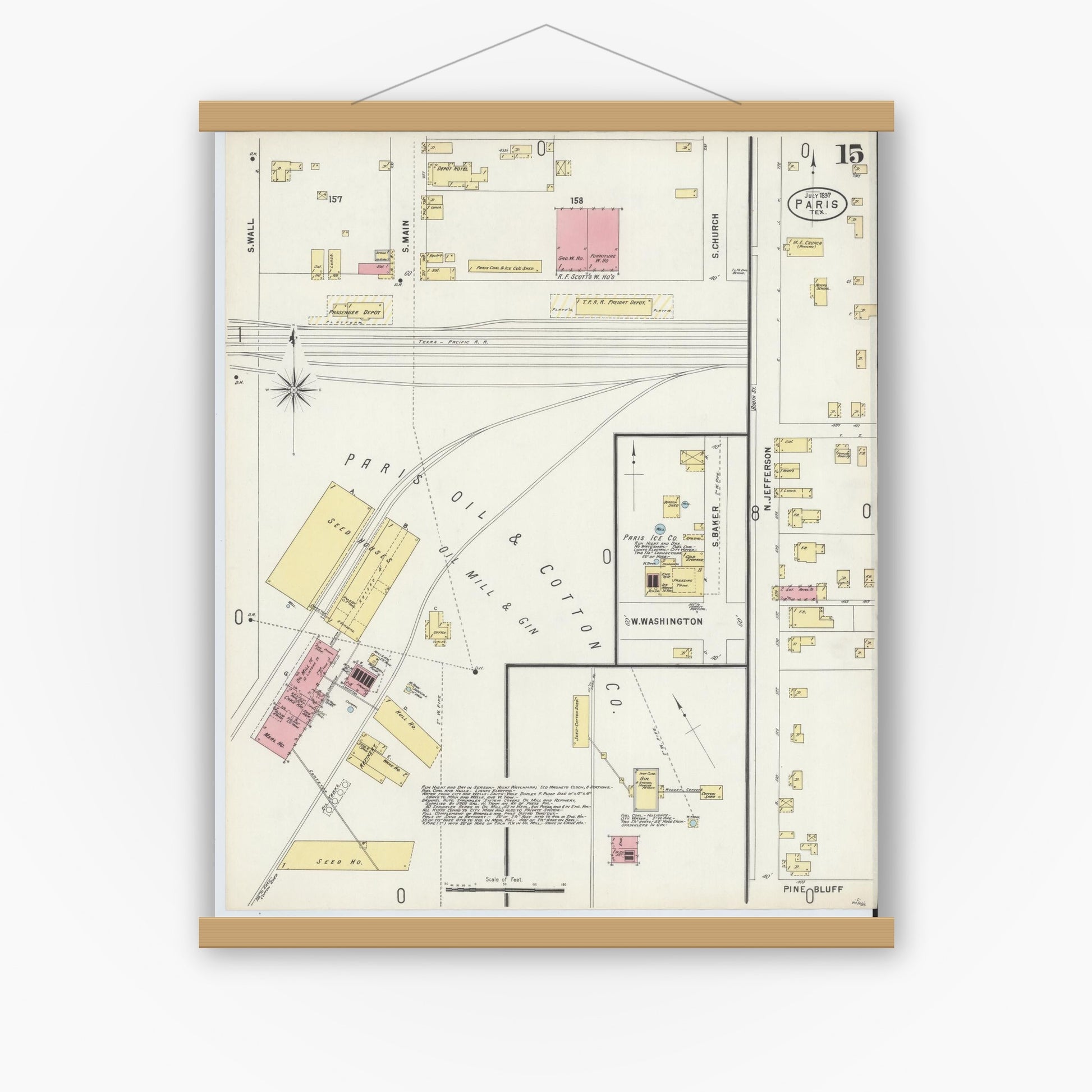 Old map wall art mockup — magnetic wood frame on white wall — Sanborn Fire Insurance Map from Paris, Lamar County, Texas (1897), Sheet #0015
