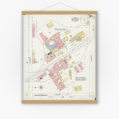 Old map wall art mockup — magnetic wood frame on white wall — Sanborn Fire Insurance Map from Alliance, Stark County, Ohio (1898), Sheet #0010