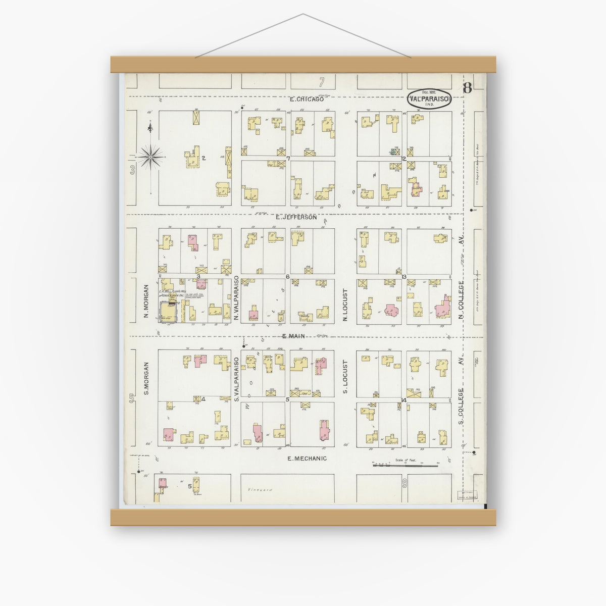 Old map wall art mockup — magnetic wood frame on white wall — Sanborn Fire Insurance Map from Valparaiso, Porter County, Indiana (1892), Sheet #0008
