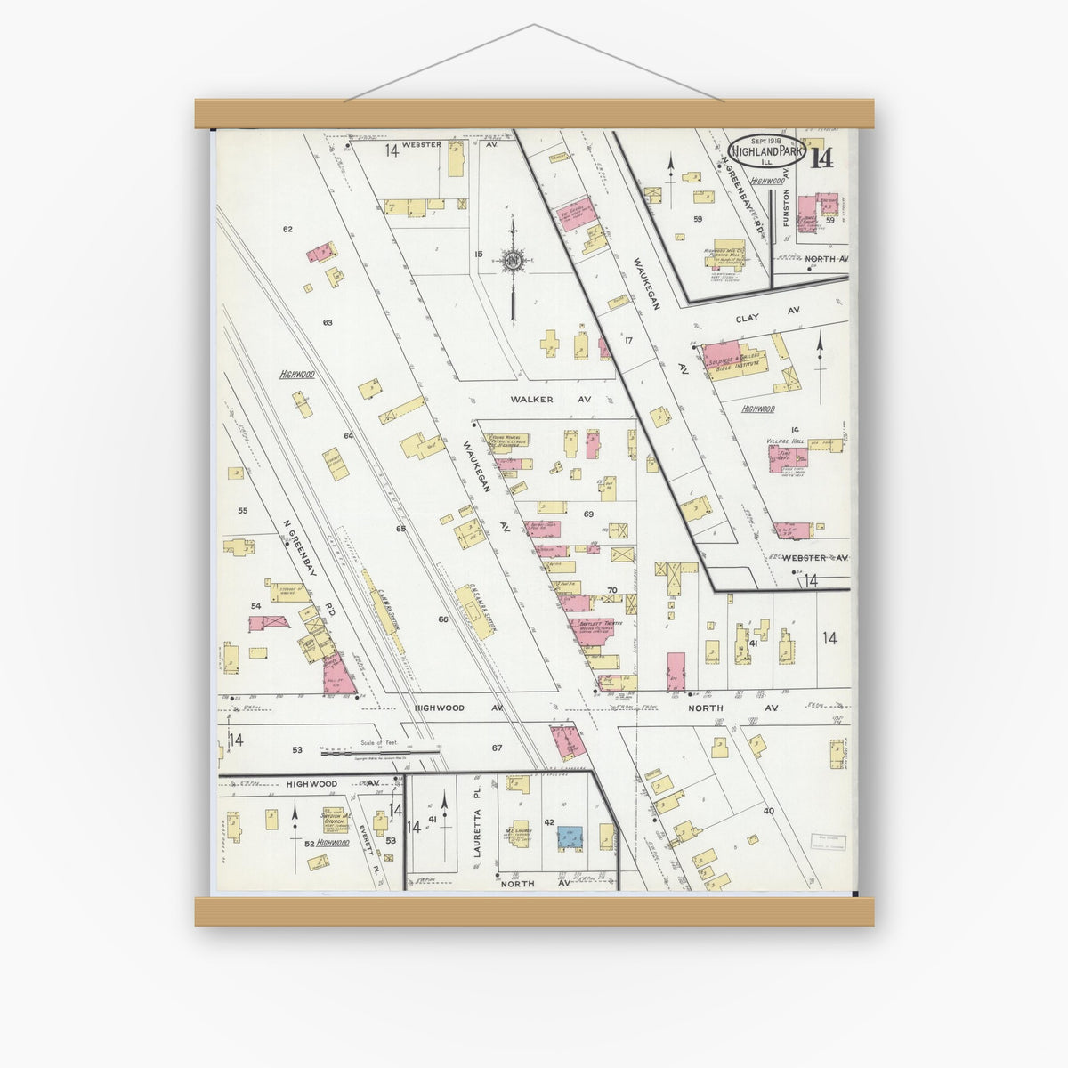 Old map wall art mockup — magnetic wood frame on white wall — Sanborn Fire Insurance Map from Highland Park, Lake County, Illinois (1918), Sheet #0014