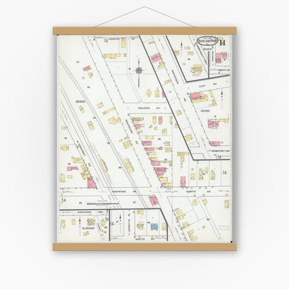 Old map wall art mockup — magnetic wood frame on white wall — Sanborn Fire Insurance Map from Highland Park, Lake County, Illinois (1918), Sheet #0014