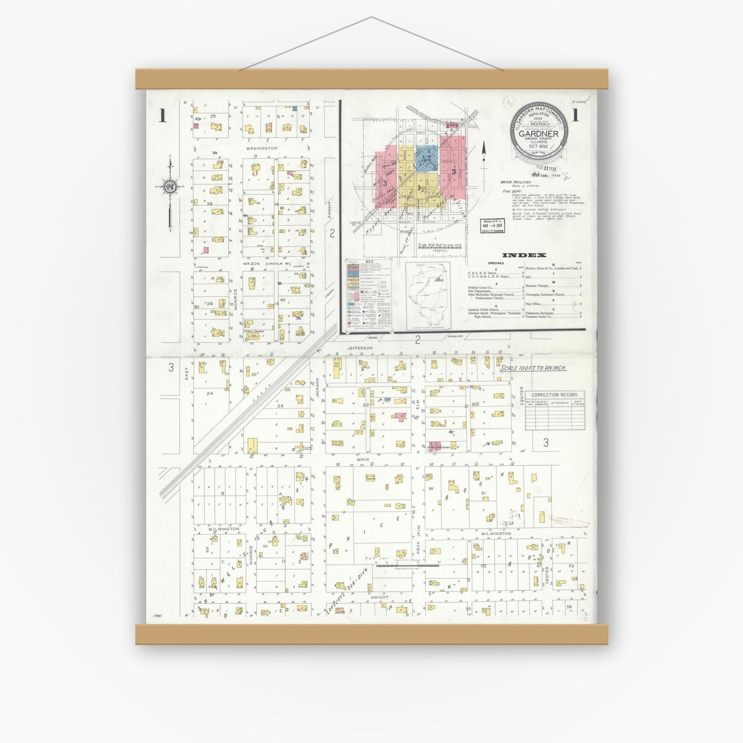Old map wall art mockup — magnetic wood frame on white wall — Sanborn Fire Insurance Map from Gardner, Grundy County, Illinois (1932), Sheet #0001
