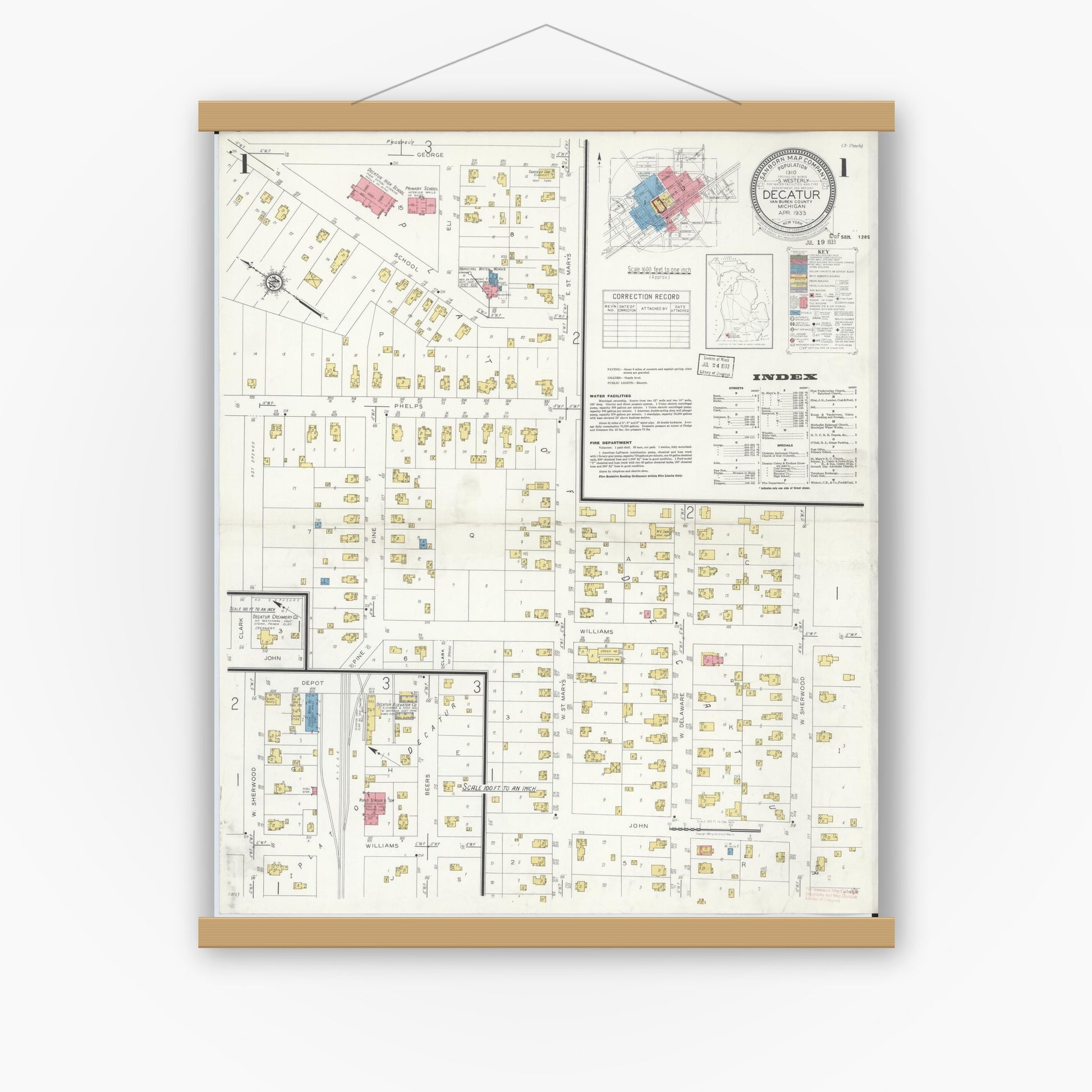 Old map wall art mockup — magnetic wood frame on white wall — Sanborn Fire Insurance Map from Decatur, Van Buren County, Michigan (1933) - Complete Map Set