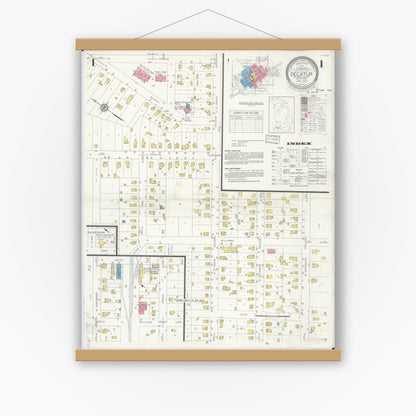 Old map wall art mockup — magnetic wood frame on white wall — Sanborn Fire Insurance Map from Decatur, Van Buren County, Michigan (1933) - Complete Map Set