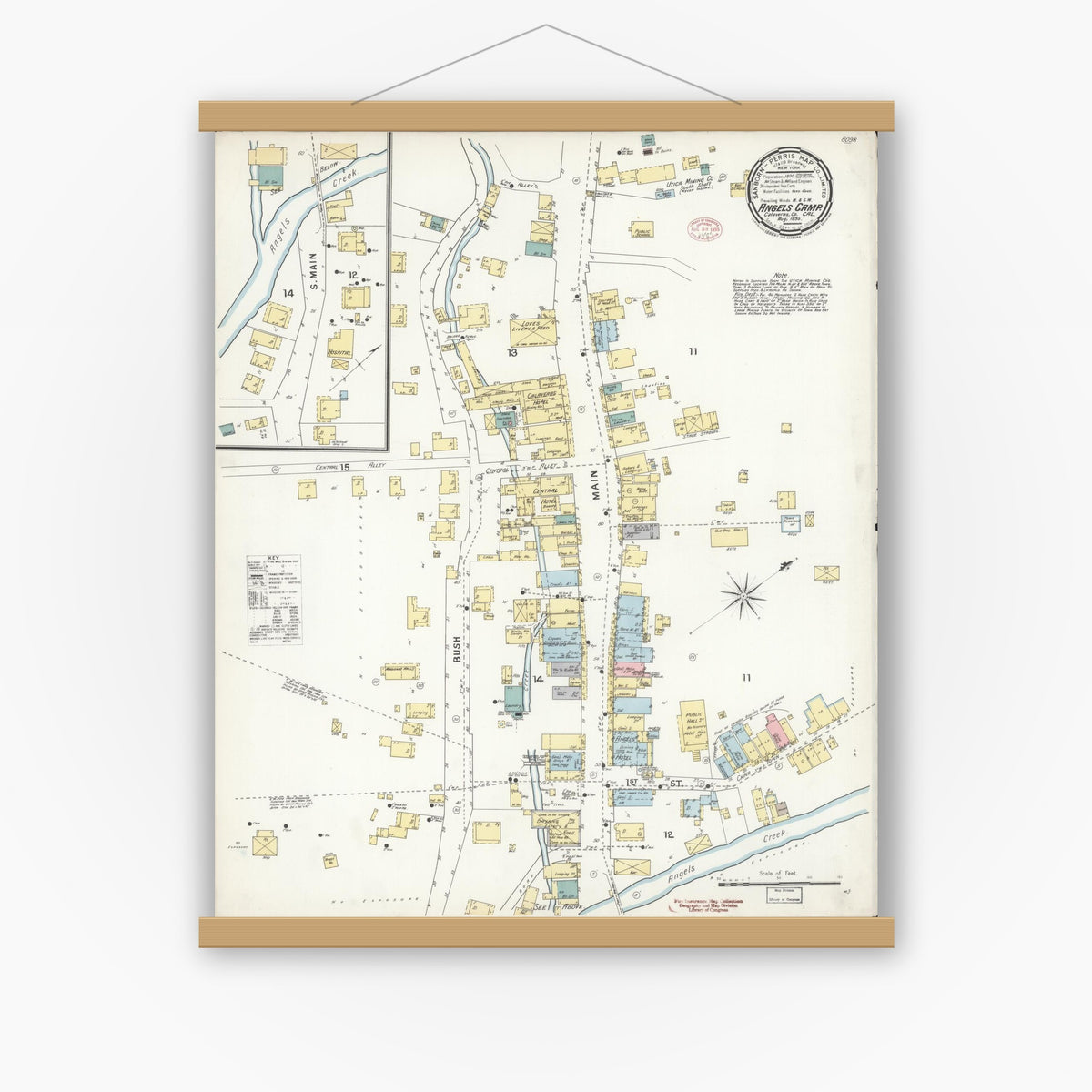 Old map wall art mockup — magnetic wood frame on white wall — Sanborn Fire Insurance Map from Angels Camp, Calaveras County, California (1895), Sheet #0001