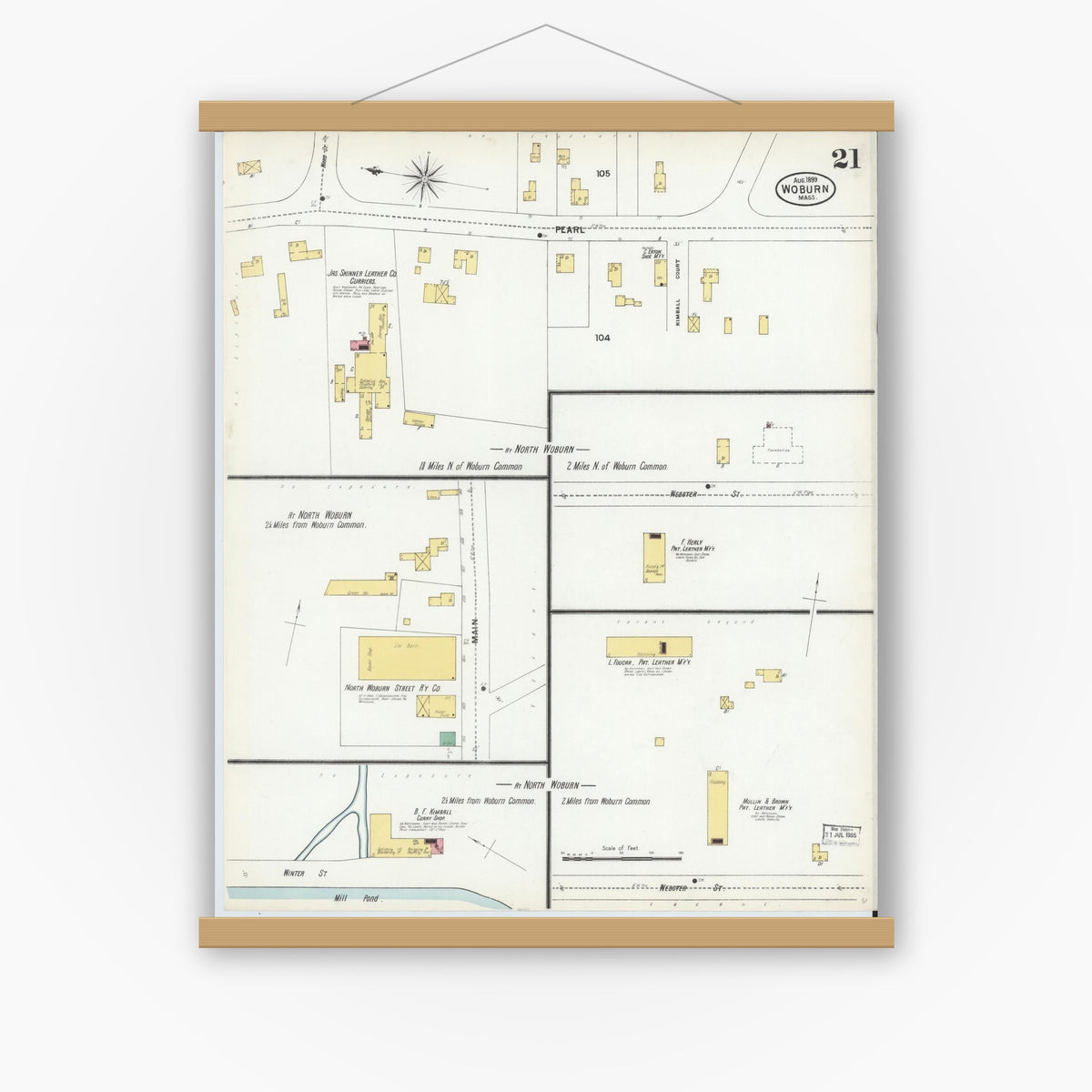 Old map wall art mockup — magnetic wood frame on white wall — Sanborn Fire Insurance Map from Woburn, Middlesex County, Massachusetts (1899), Sheet #0021