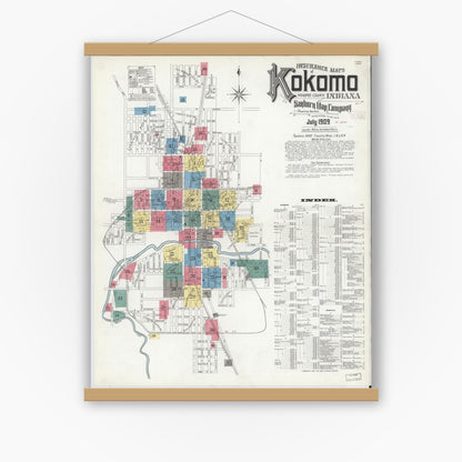 Old map wall art mockup — magnetic wood frame on white wall — Sanborn Fire Insurance Map from Kokomo, Howard County, Indiana (1909), Sheet #0001