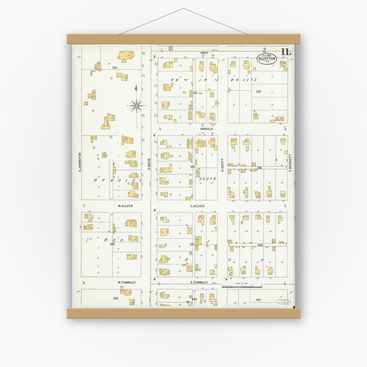 Old map wall art mockup — magnetic wood frame on white wall — Sanborn Fire Insurance Map from Bluffton, Wells County, Indiana (1900), Sheet #0011