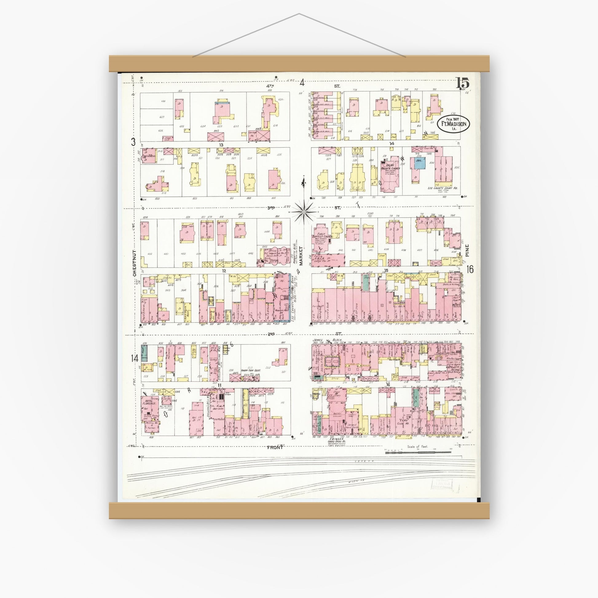 Old map wall art mockup — magnetic wood frame on white wall — Sanborn Fire Insurance Map from Fort Madison, Lee County, Iowa (1907), Sheet #0015