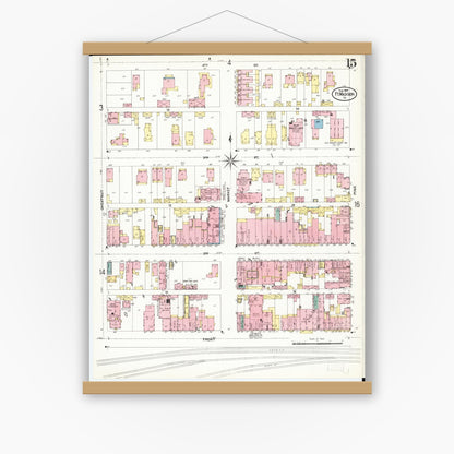 Old map wall art mockup — magnetic wood frame on white wall — Sanborn Fire Insurance Map from Fort Madison, Lee County, Iowa (1907), Sheet #0015