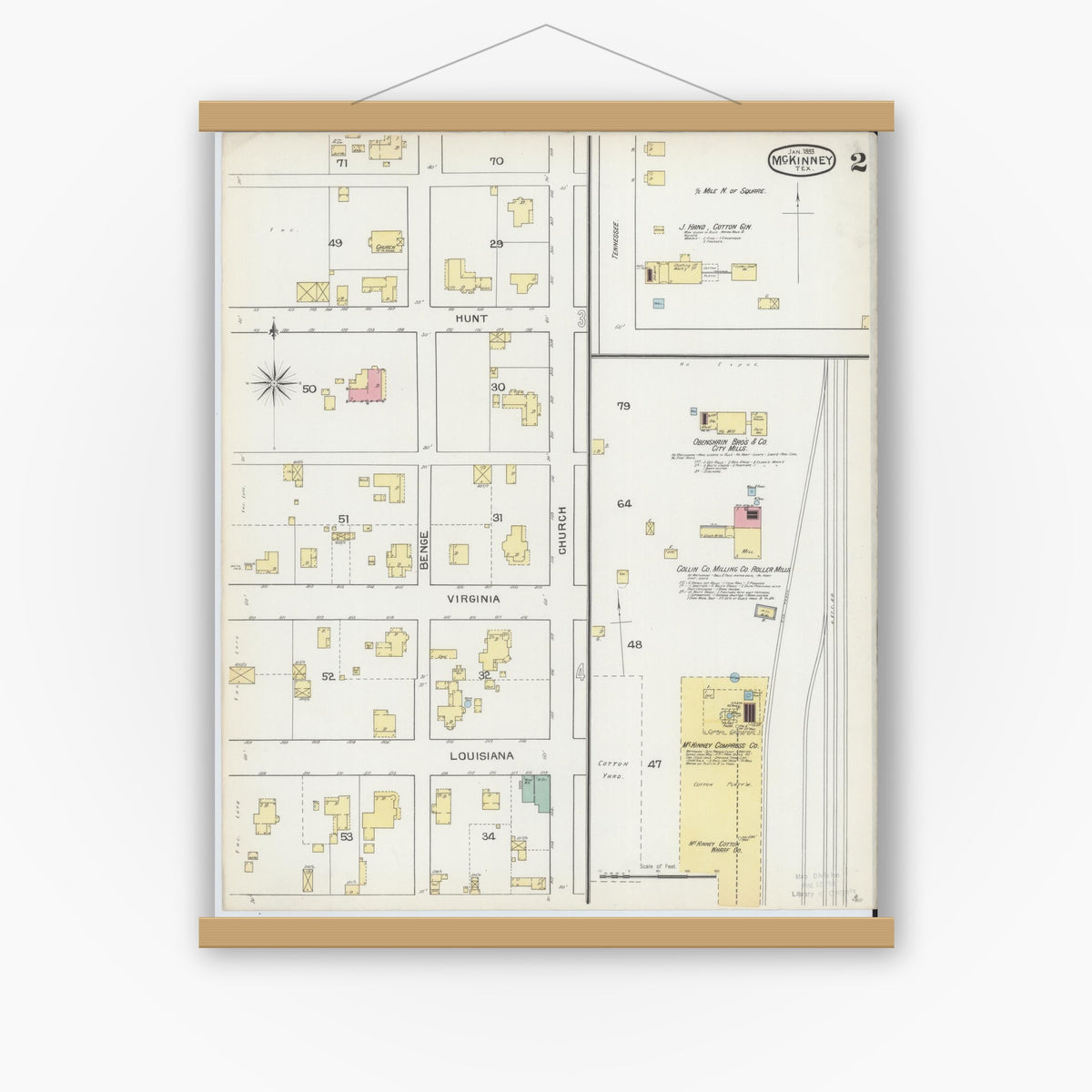 Old map wall art mockup — magnetic wood frame on white wall — Sanborn Fire Insurance Map from McKinney, Collin County, Texas (1892), Sheet #0002