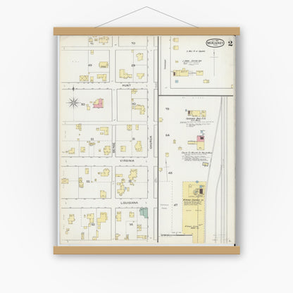 Old map wall art mockup — magnetic wood frame on white wall — Sanborn Fire Insurance Map from McKinney, Collin County, Texas (1892), Sheet #0002