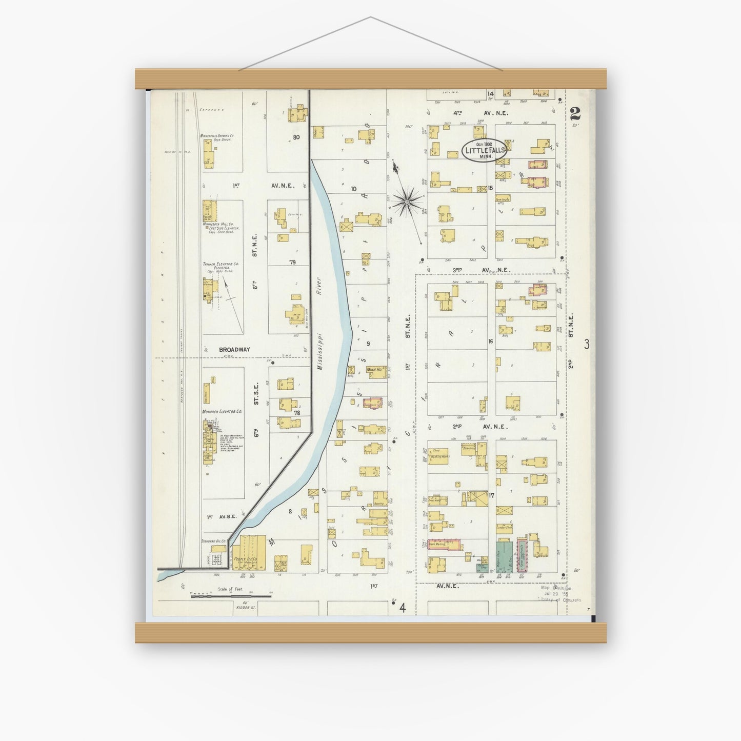 Old map wall art mockup — magnetic wood frame on white wall — Sanborn Fire Insurance Map from Little Falls, Morrison County, Minnesota (1902), Sheet #0002