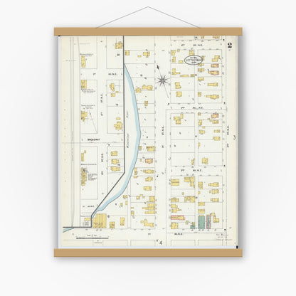 Old map wall art mockup — magnetic wood frame on white wall — Sanborn Fire Insurance Map from Little Falls, Morrison County, Minnesota (1902), Sheet #0002