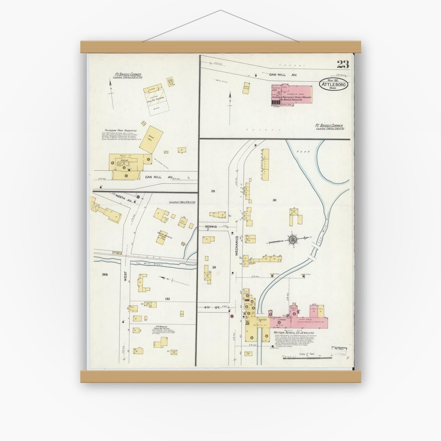 Old map wall art mockup — magnetic wood frame on white wall — Sanborn Fire Insurance Map from Attleboro, Bristol County, Massachusetts (1911), Sheet #0023