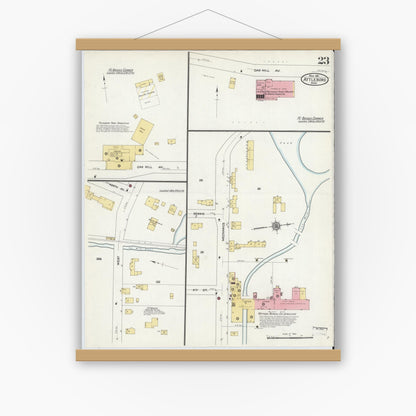 Old map wall art mockup — magnetic wood frame on white wall — Sanborn Fire Insurance Map from Attleboro, Bristol County, Massachusetts (1911), Sheet #0023