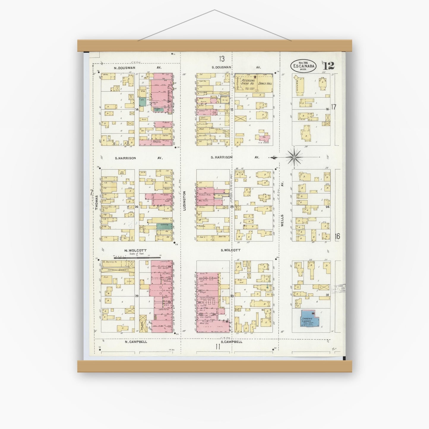 Old map wall art mockup — magnetic wood frame on white wall — Sanborn Fire Insurance Map from Escanaba, Delta County, Michigan (1906), Sheet #0012