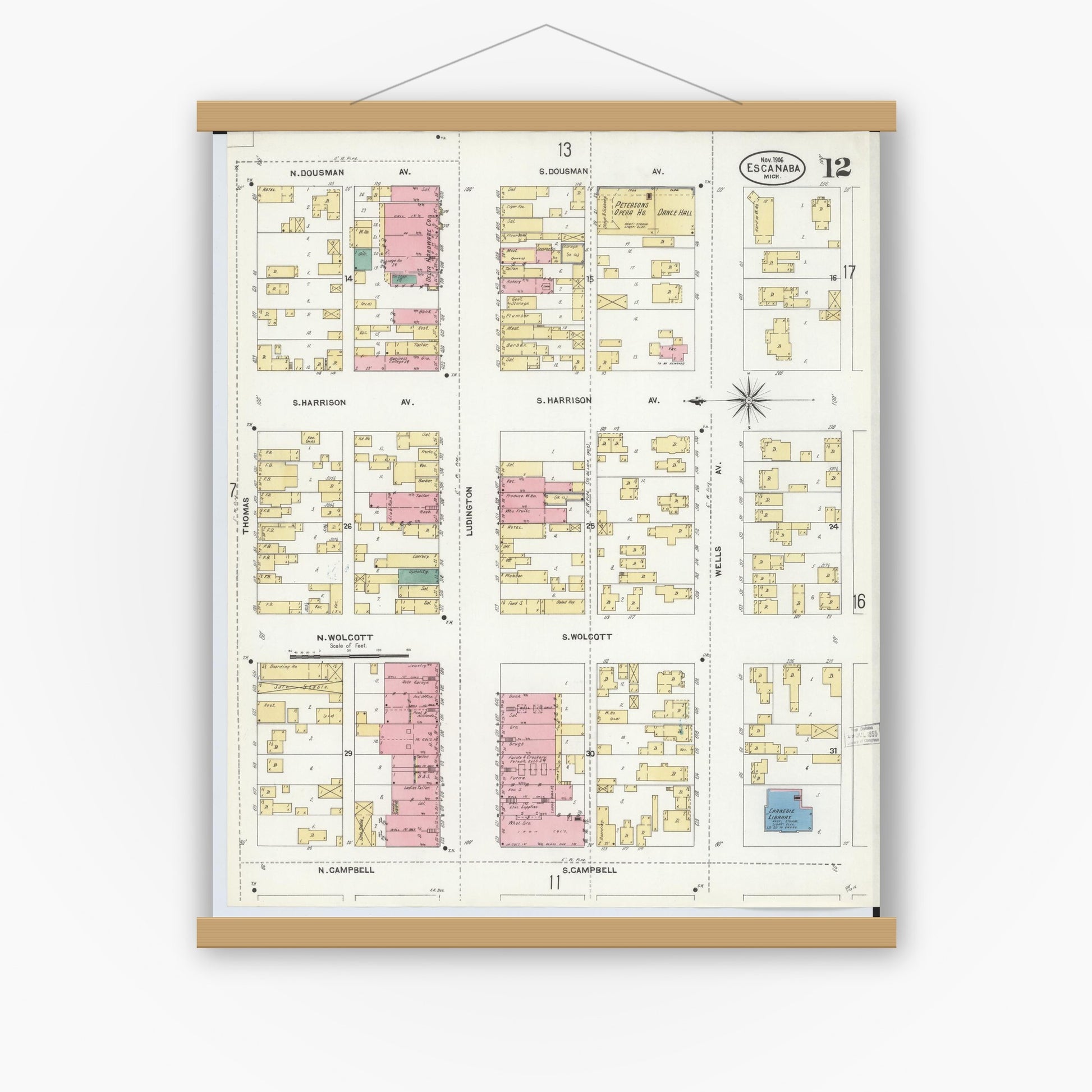 Old map wall art mockup — magnetic wood frame on white wall — Sanborn Fire Insurance Map from Escanaba, Delta County, Michigan (1906), Sheet #0012