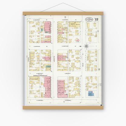 Old map wall art mockup — magnetic wood frame on white wall — Sanborn Fire Insurance Map from Escanaba, Delta County, Michigan (1906), Sheet #0012