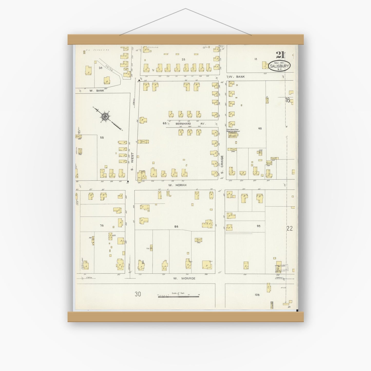 Old map wall art mockup — magnetic wood frame on white wall — Sanborn Fire Insurance Map from Salisbury, Rowan County, North Carolina (1913), Sheet #0021