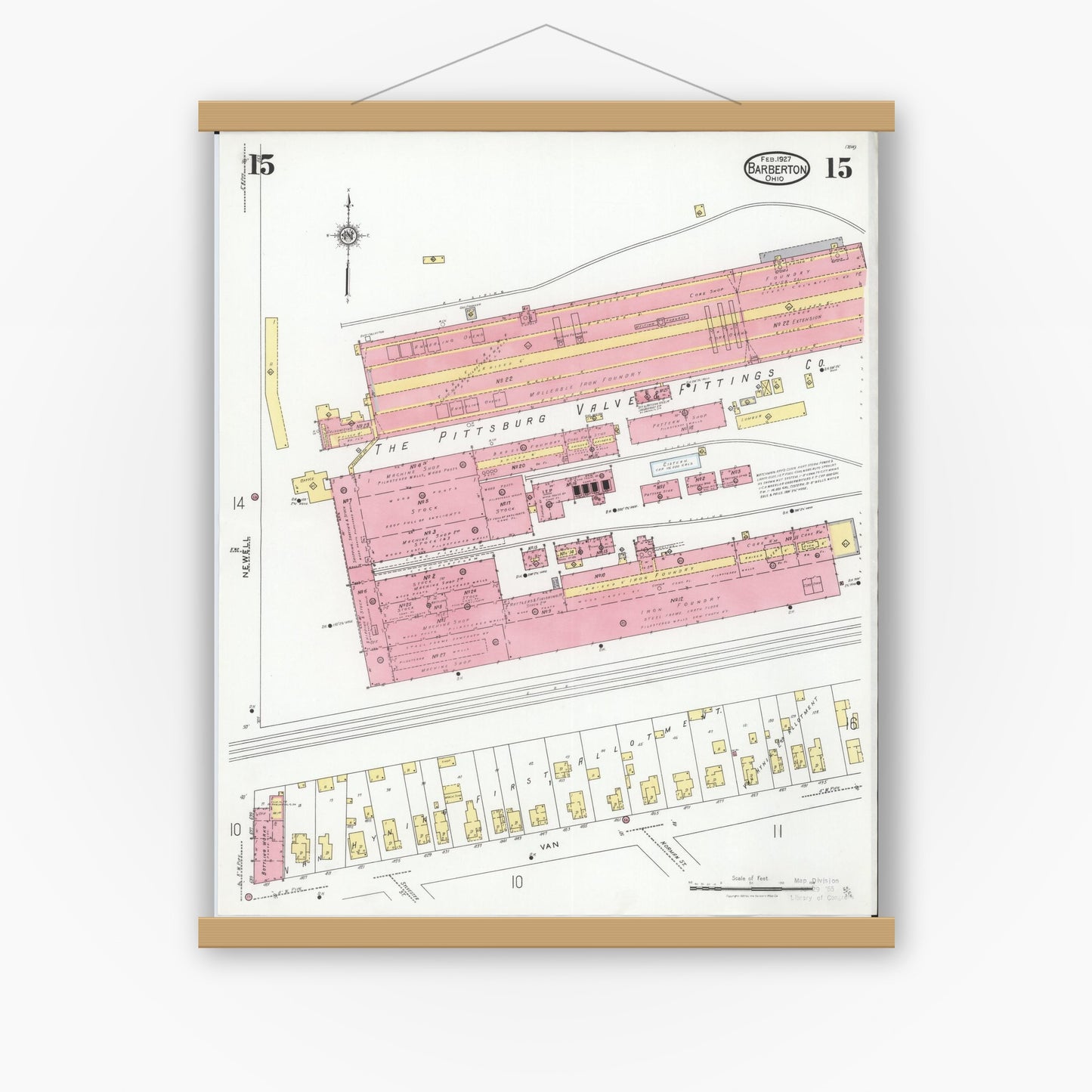 Old map wall art mockup — magnetic wood frame on white wall — Sanborn Fire Insurance Map from Barberton, Summit County, Ohio (1927), Sheet #0015