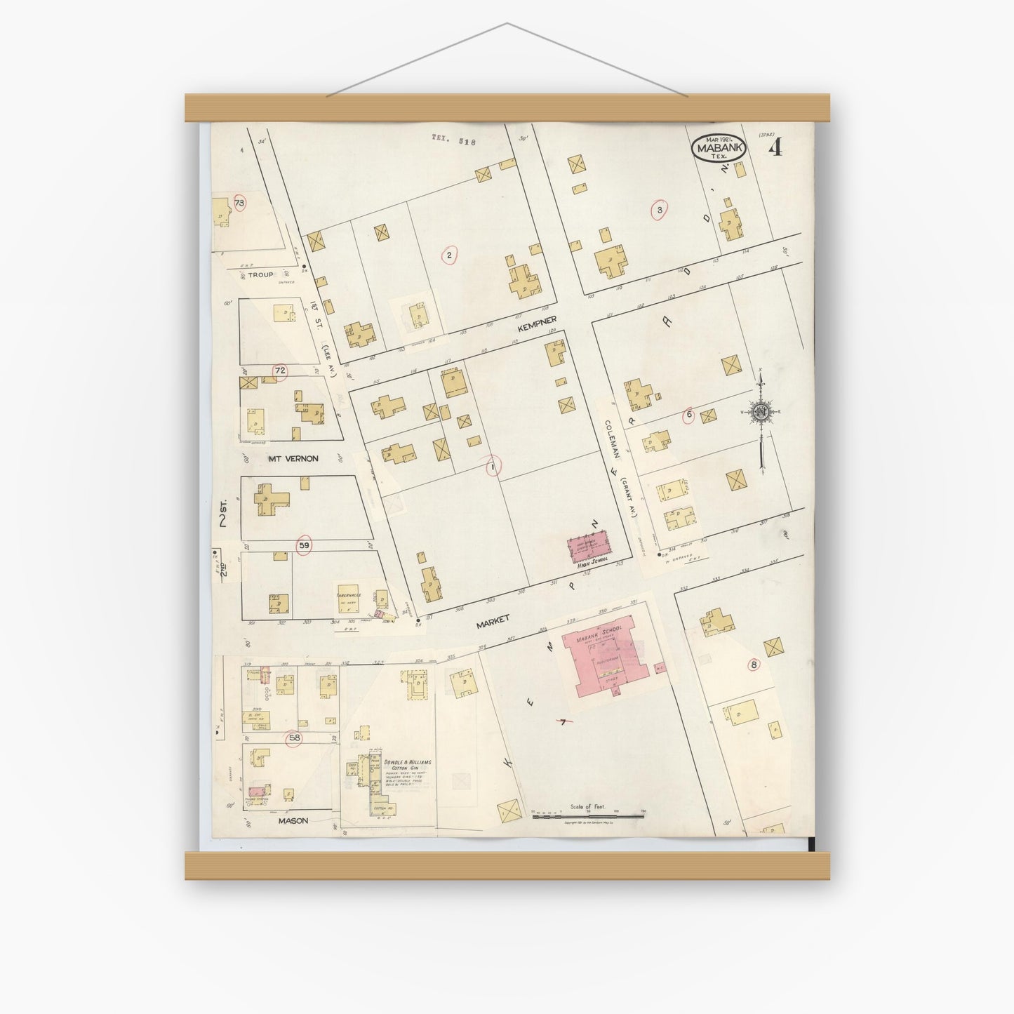 Old map wall art mockup — magnetic wood frame on white wall — Sanborn Fire Insurance Map from Mabank, Kaufman County, Texas (1934), Sheet #0004