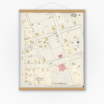 Old map wall art mockup — magnetic wood frame on white wall — Sanborn Fire Insurance Map from Mabank, Kaufman County, Texas (1934), Sheet #0004
