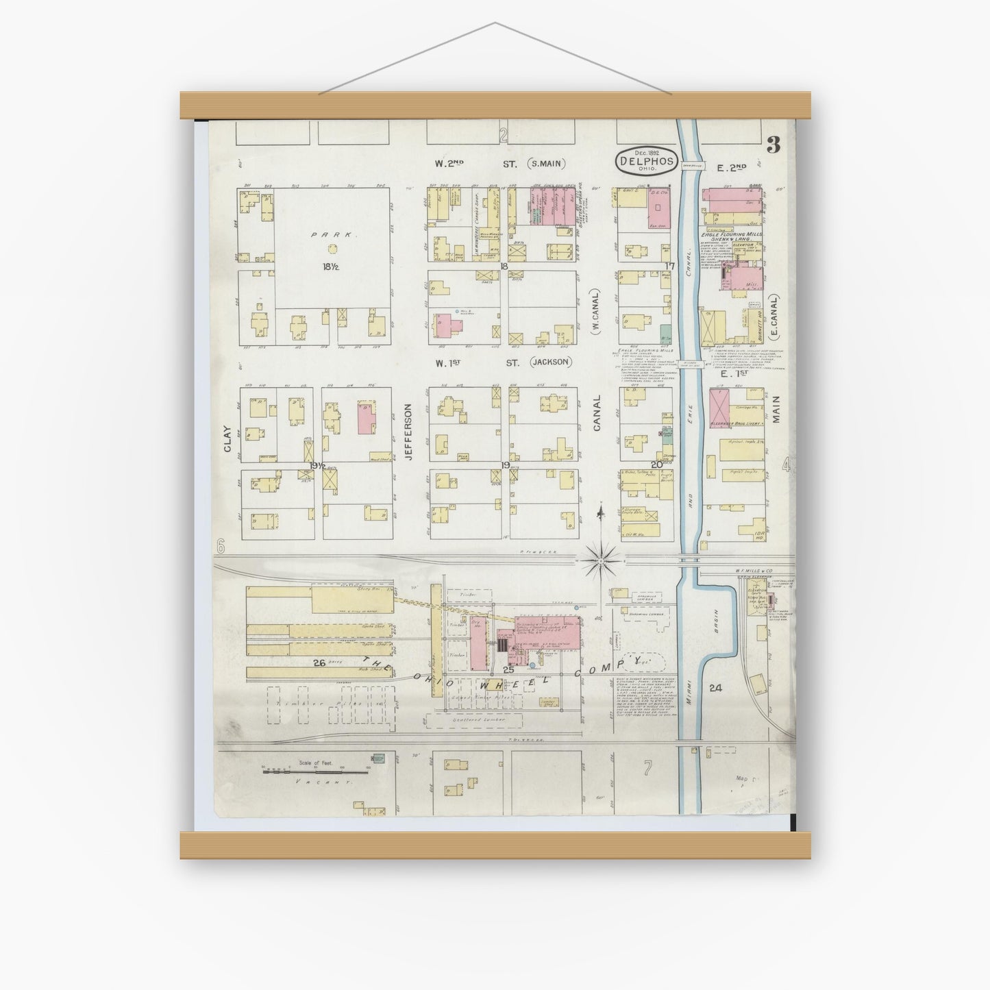 Old map wall art mockup — magnetic wood frame on white wall — Sanborn Fire Insurance Map from Delphos, Van Wert And Allen Counties, Ohio (1892), Sheet #0003
