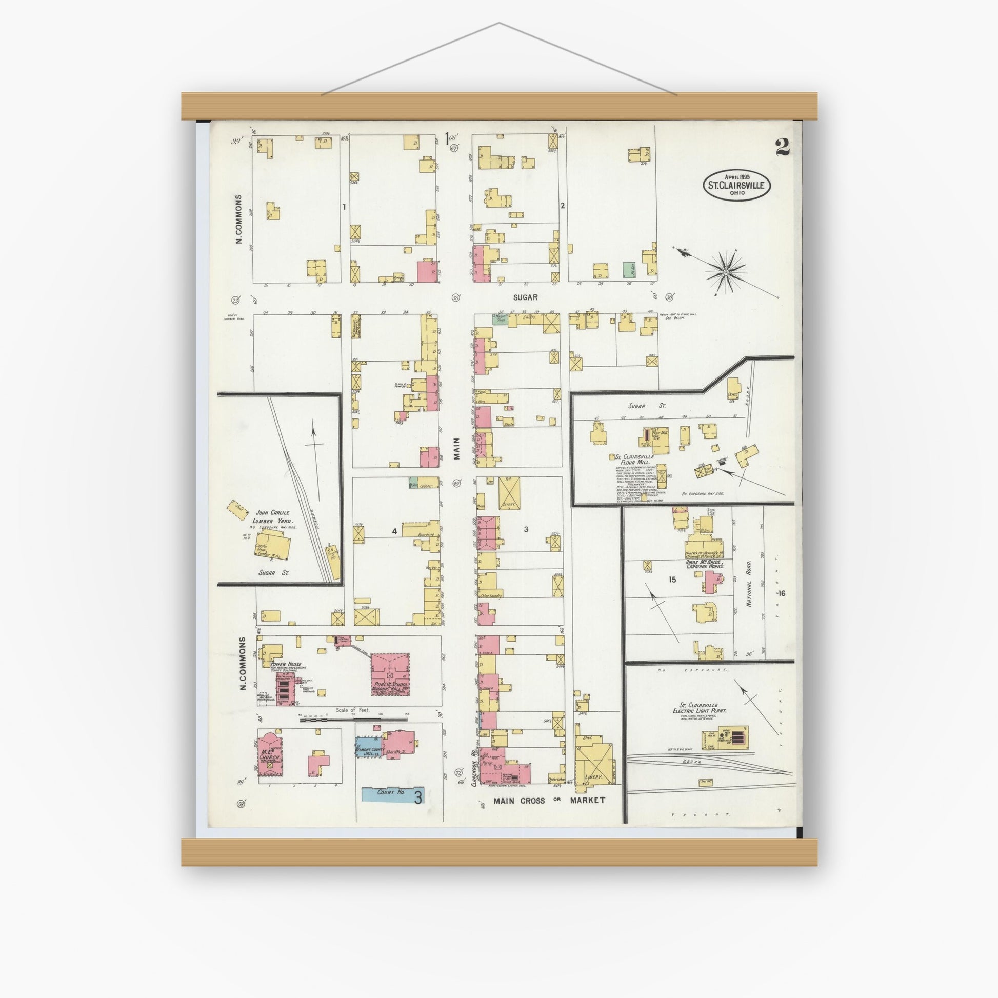 Old map wall art mockup — magnetic wood frame on white wall — Sanborn Fire Insurance Map from Saint Clairsville, Belmont County, Ohio (1899), Sheet #0002