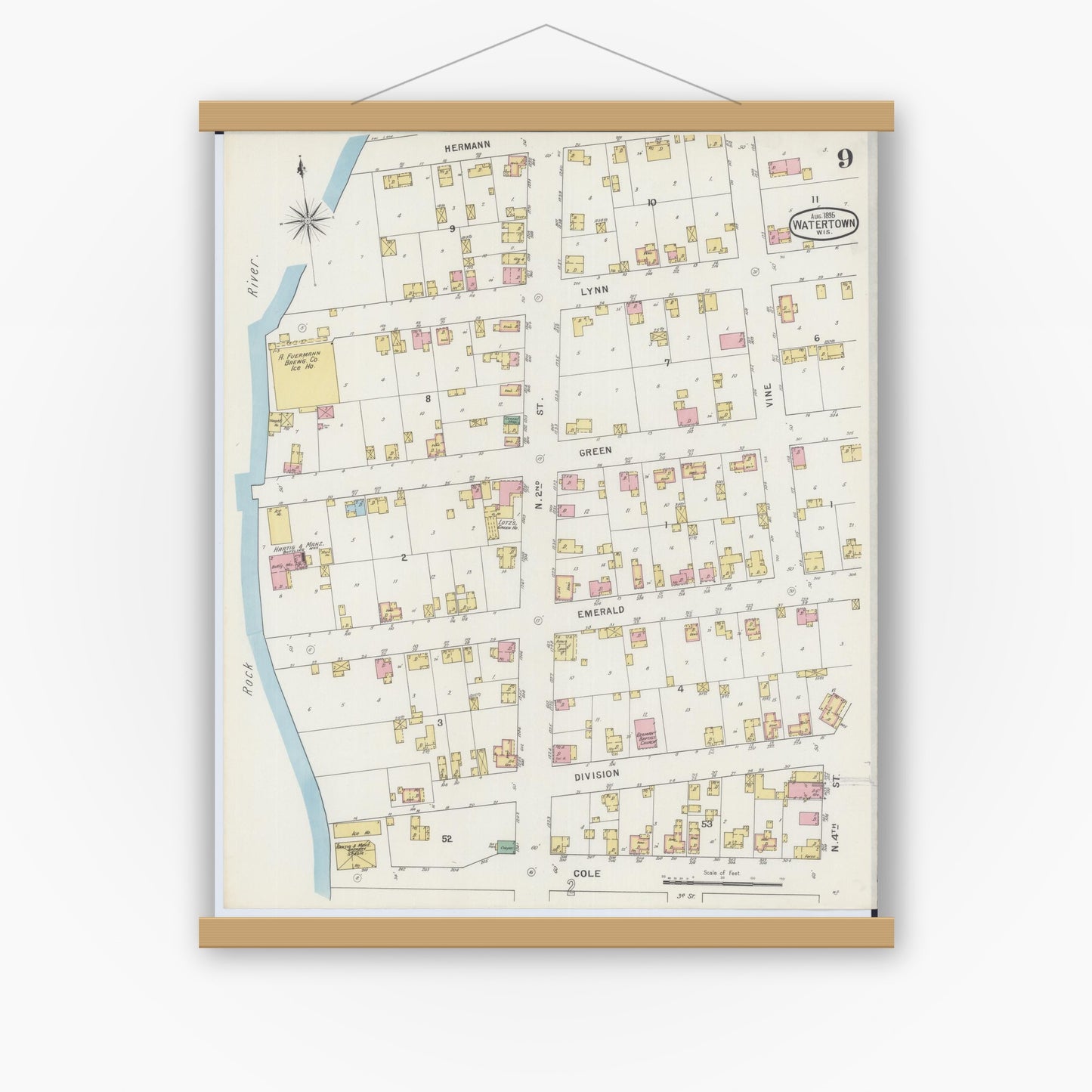 Old map wall art mockup — magnetic wood frame on white wall — Sanborn Fire Insurance Map from Watertown, Jefferson County, Wisconsin (1895), Sheet #0009