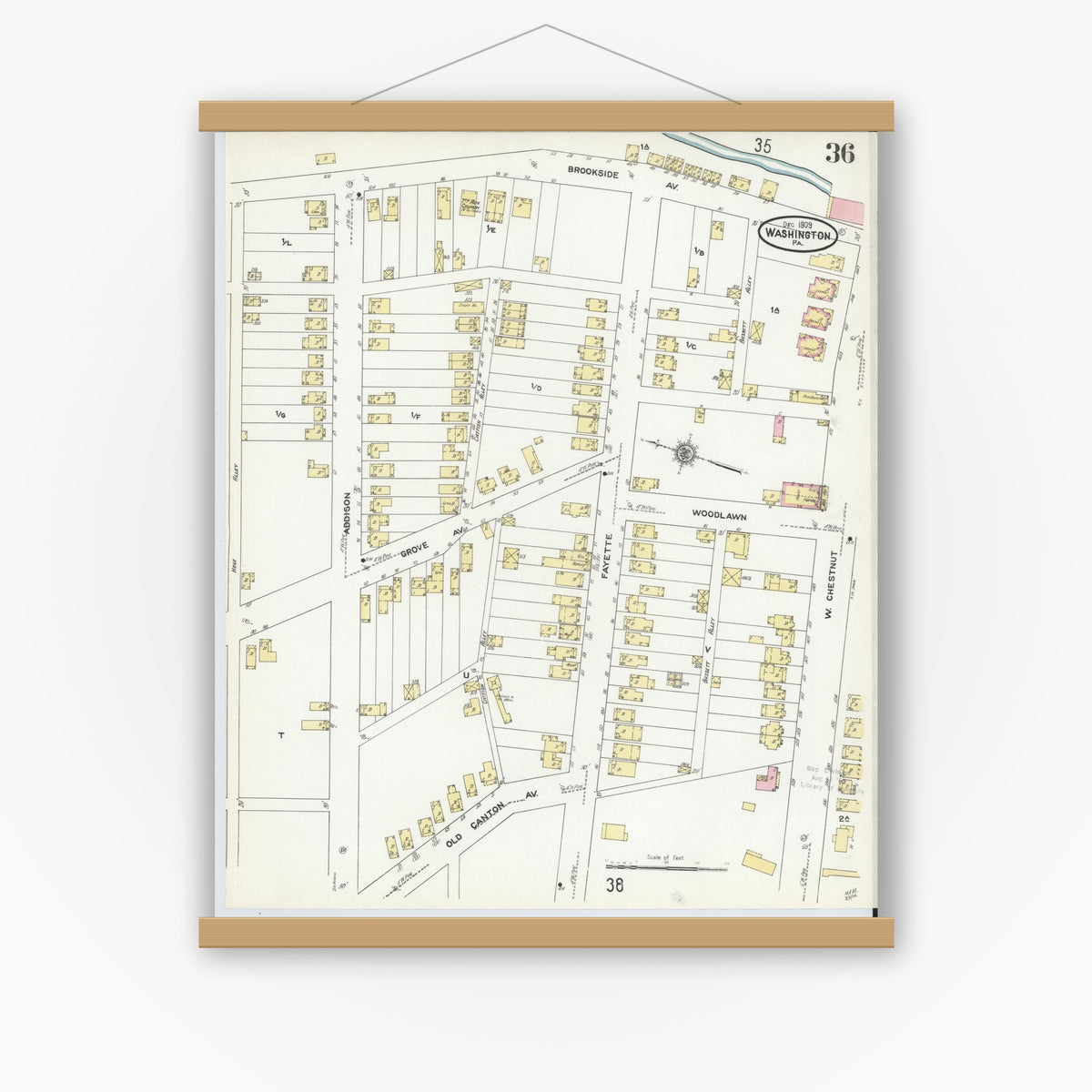 Old map wall art mockup — magnetic wood frame on white wall — Sanborn Fire Insurance Map from Washington, Washington County, Pennsylvania (1909), Sheet #0036