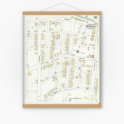 Old map wall art mockup — magnetic wood frame on white wall — Sanborn Fire Insurance Map from Washington, Washington County, Pennsylvania (1909), Sheet #0036