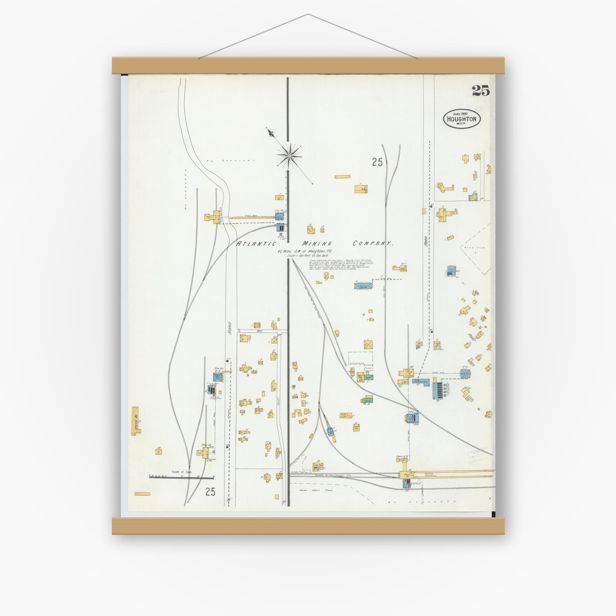 Old map wall art mockup — magnetic wood frame on white wall — Sanborn Fire Insurance Map from Houghton, Houghton County, Michigan (1900), Sheet #0025