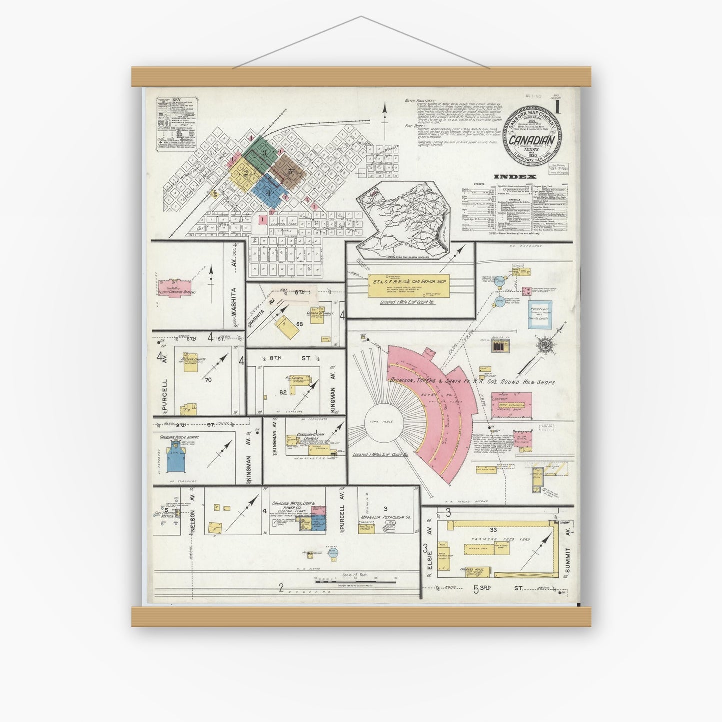 Old map wall art mockup — magnetic wood frame on white wall — Sanborn Fire Insurance Map from Canadian, Hemphill County, Texas (1920), Sheet #0001