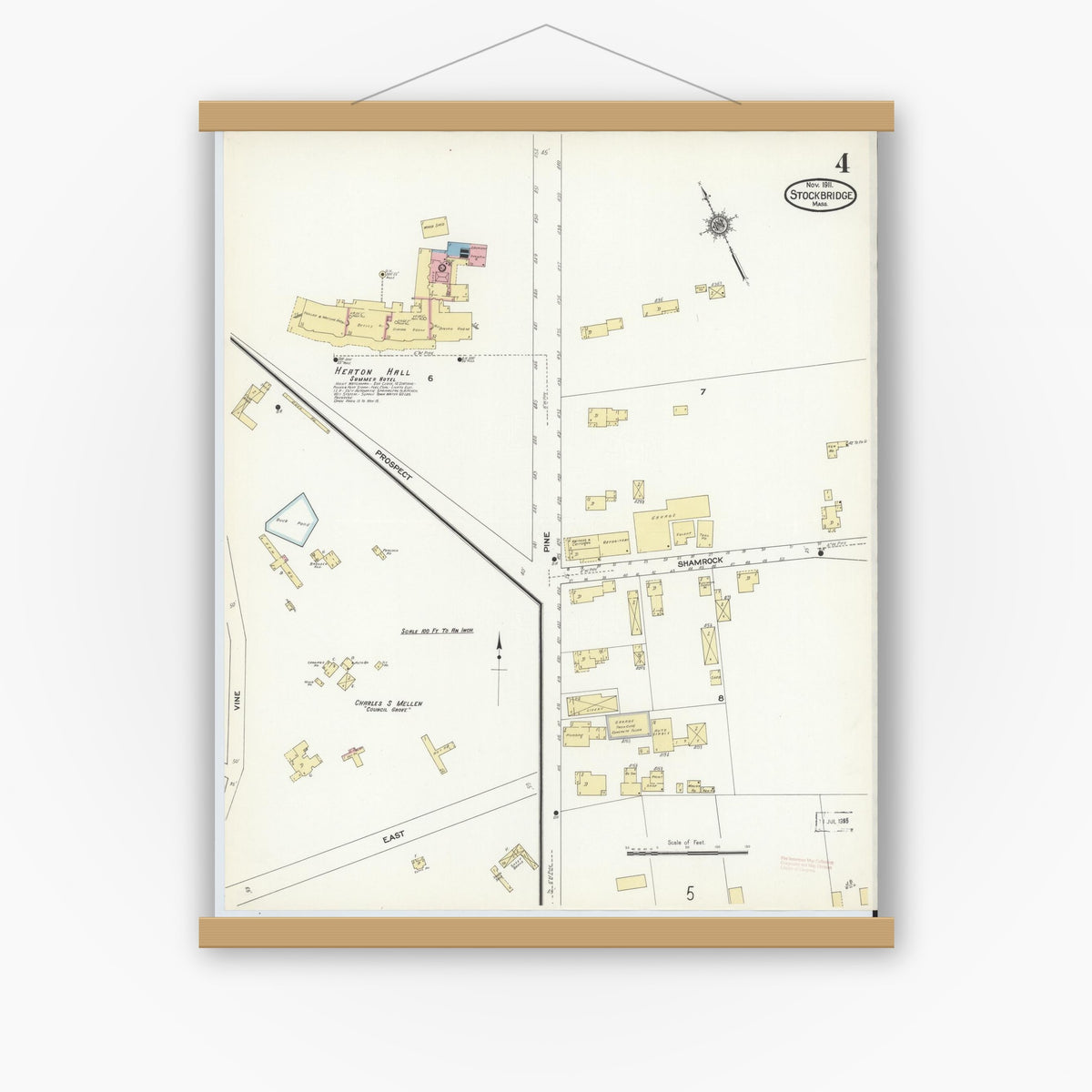 Old map wall art mockup — magnetic wood frame on white wall — Sanborn Fire Insurance Map from Stockbridge, Berkshire County, Massachusetts (1911), Sheet #0004