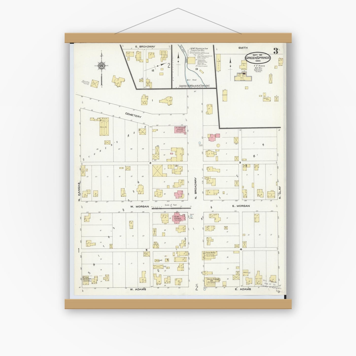 Old map wall art mockup — magnetic wood frame on white wall — Sanborn Fire Insurance Map from Green Springs, Sandusky And Seneca Counties, Ohio (1911), Sheet #0003
