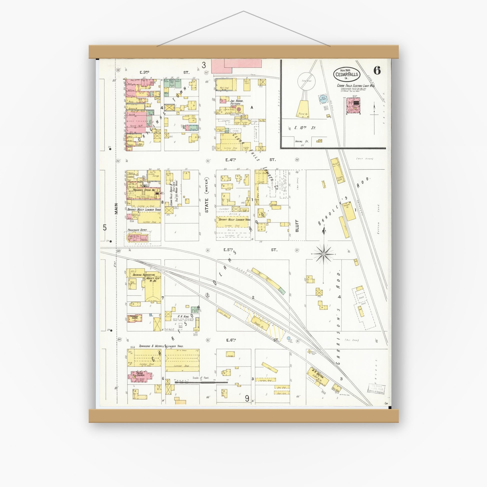 Old map wall art mockup — magnetic wood frame on white wall — Sanborn Fire Insurance Map from Cedar Falls, Black Hawk County, Iowa (1900), Sheet #0006