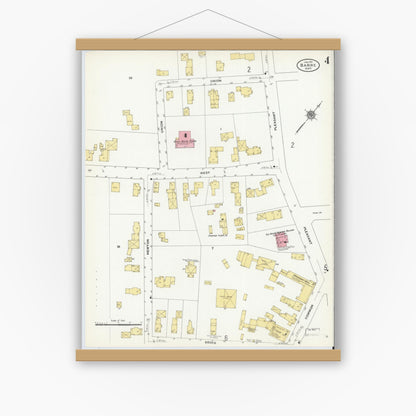 Old map wall art mockup — magnetic wood frame on white wall — Sanborn Fire Insurance Map from Barre, Worcester County, Massachusetts (1911), Sheet #0004