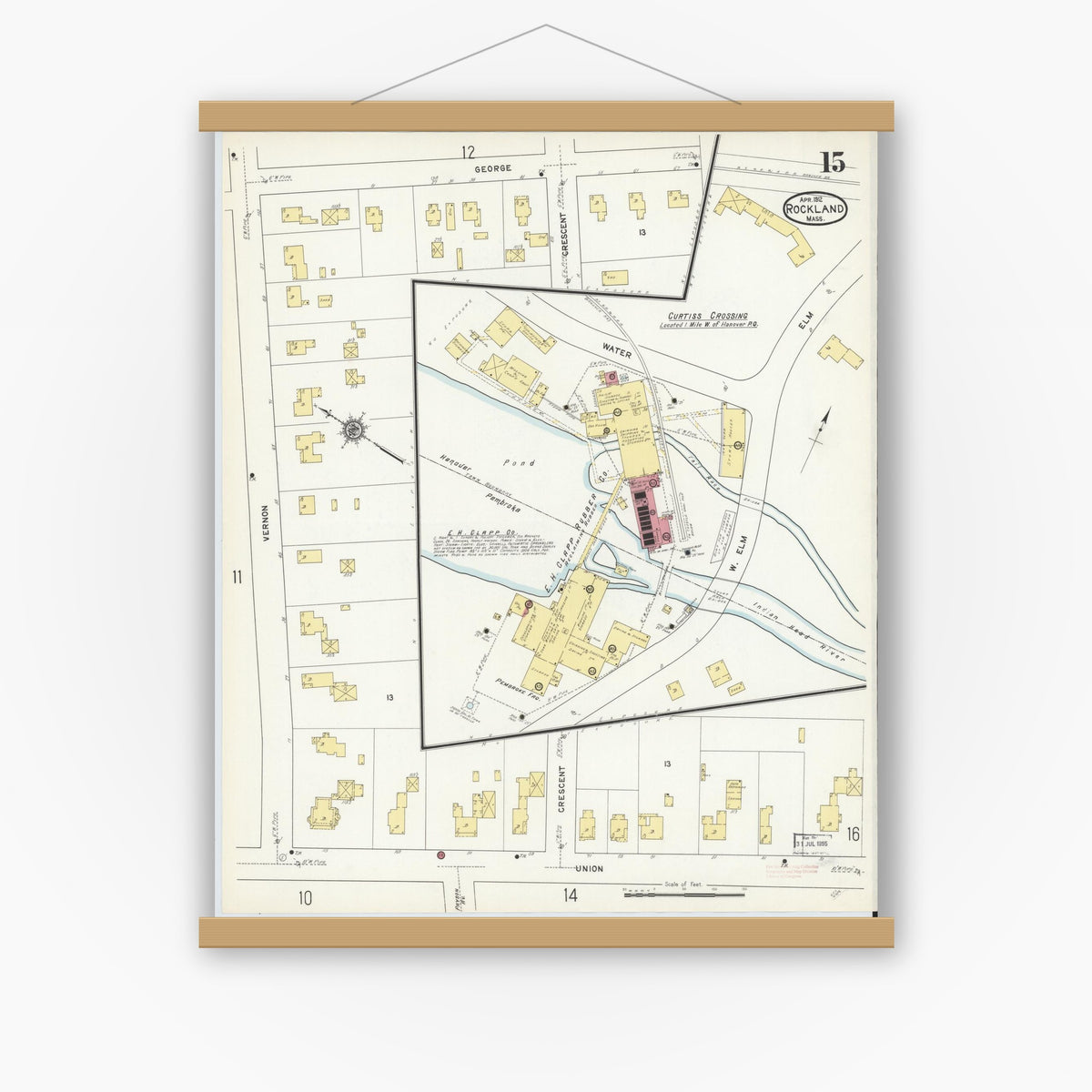 Old map wall art mockup — magnetic wood frame on white wall — Sanborn Fire Insurance Map from Rockland, Plymouth County, Massachusetts (1912), Sheet #0015