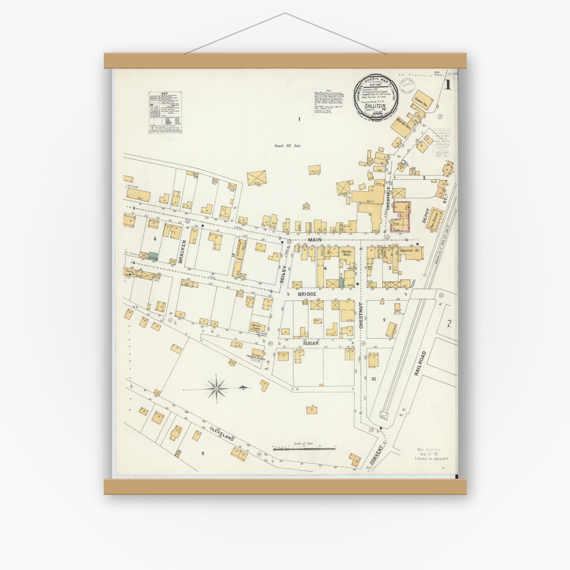 Old map wall art mockup — magnetic wood frame on white wall — Sanborn Fire Insurance Map from Gallitzin, Cambria County, Pennsylvania (1900), Sheet #0001