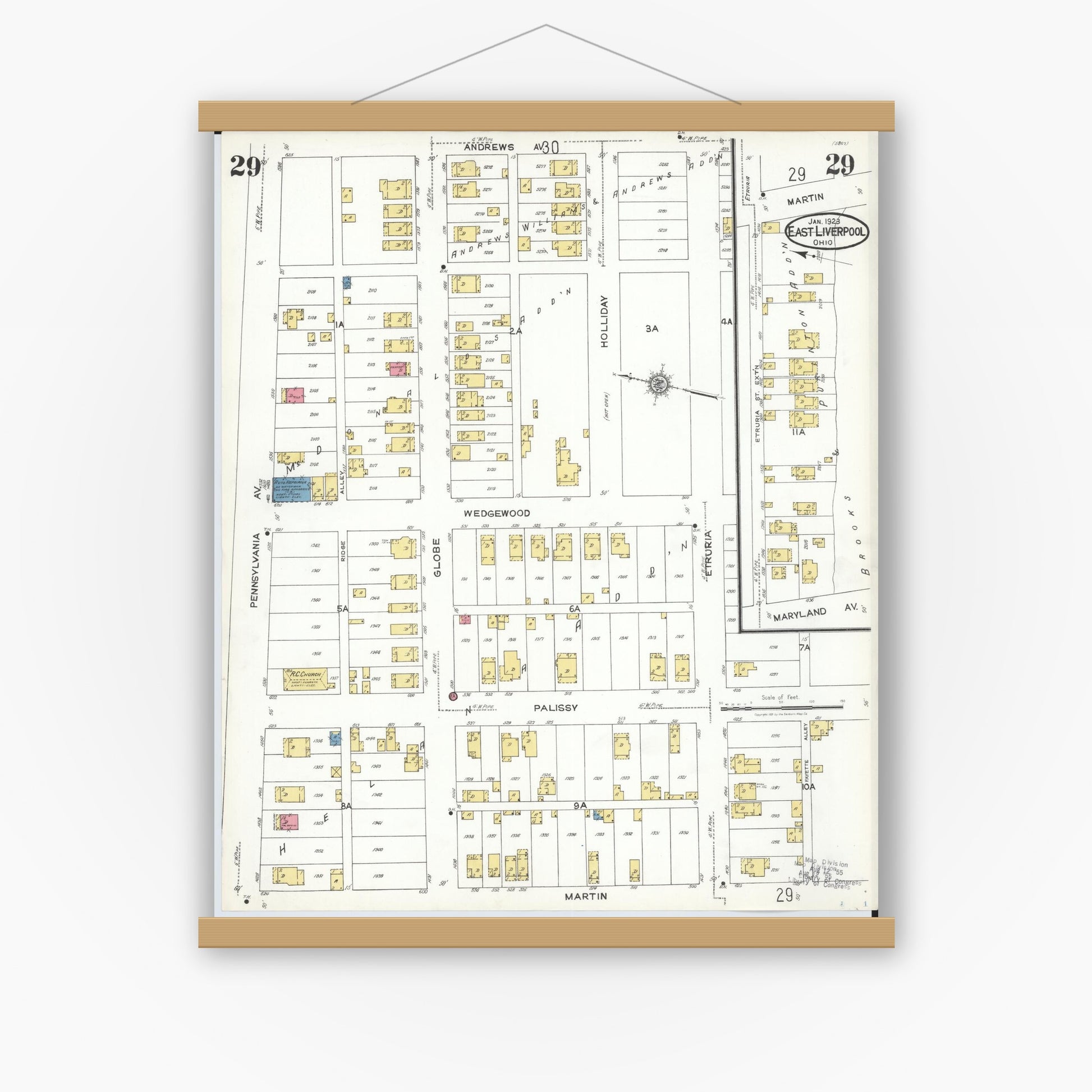 Old map wall art mockup — magnetic wood frame on white wall — Sanborn Fire Insurance Map from East Liverpool, Columbiana County, Ohio (1923), Sheet #0029