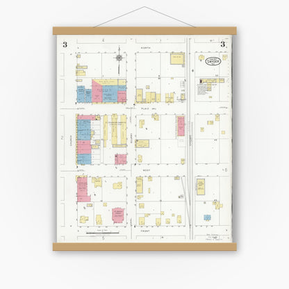 Old map wall art mockup — magnetic wood frame on white wall — Sanborn Fire Insurance Map from Snyder, Scurry County, Texas (1927), Sheet #0003