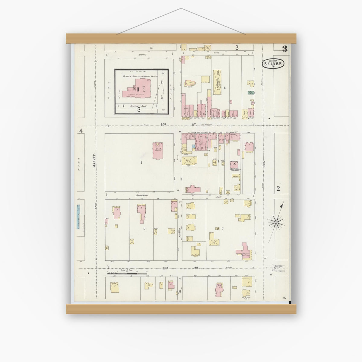 Old map wall art mockup — magnetic wood frame on white wall — Sanborn Fire Insurance Map from Beaver, Beaver County, Pennsylvania (1896), Sheet #0003